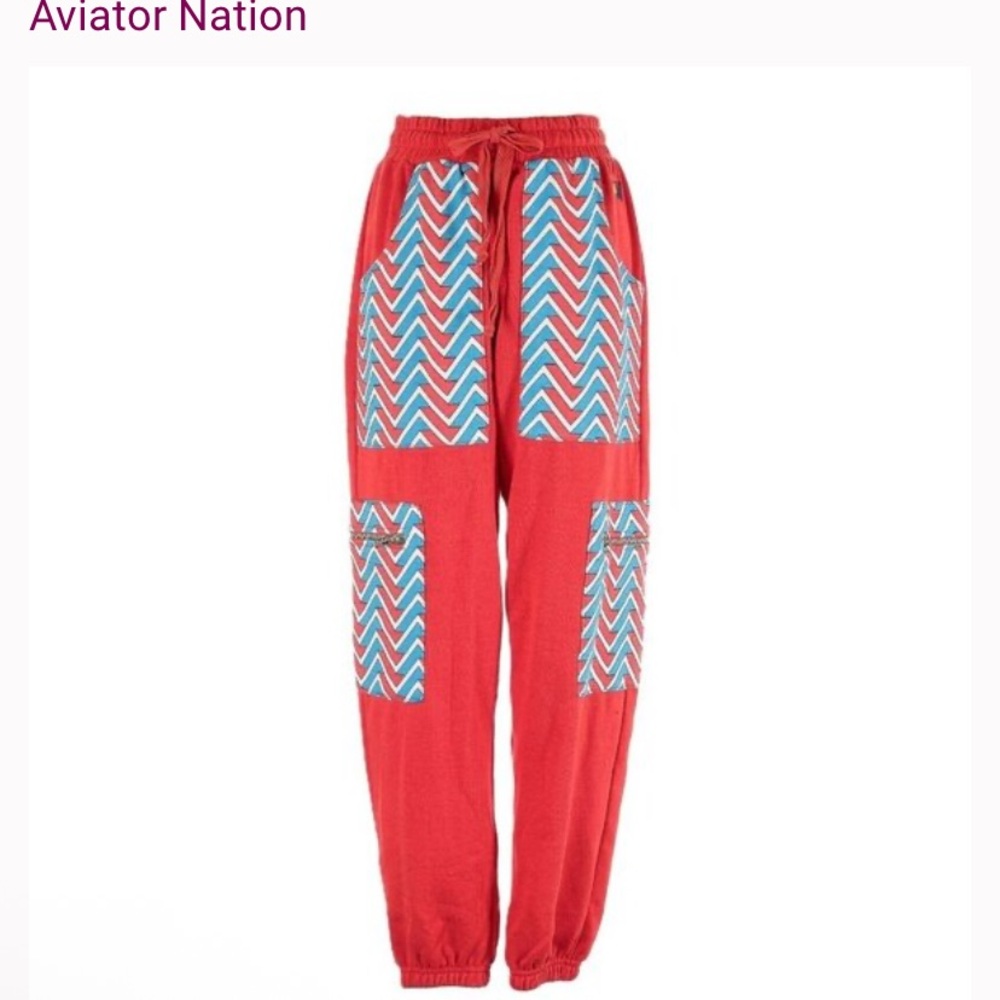 Aviator Nation Red Geo Pants with Blue Chevron Design